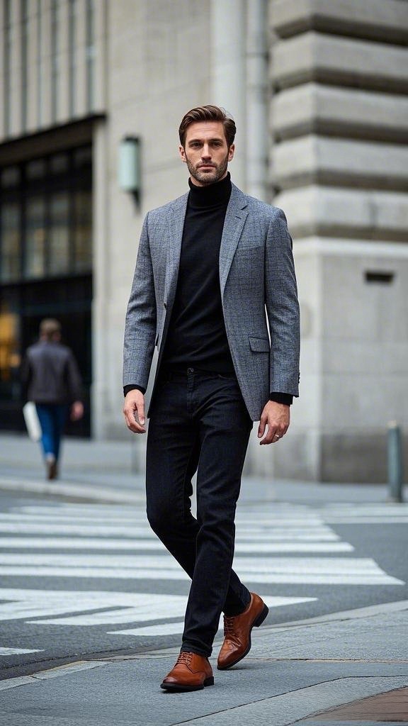 Light Grey Blazer with Black Turtleneck and Black Jeans