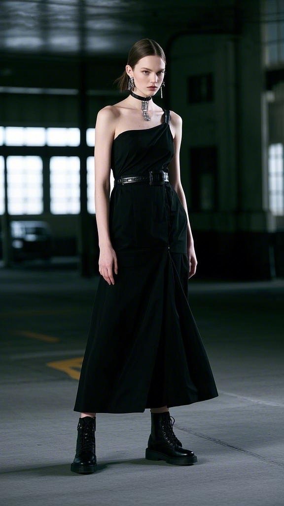 A woman wearing a one - shoulder black dress resembling an off - shoulder style, with a high - slit front, wide black belt, pendant choker, long earrings, and black combat boots in spring