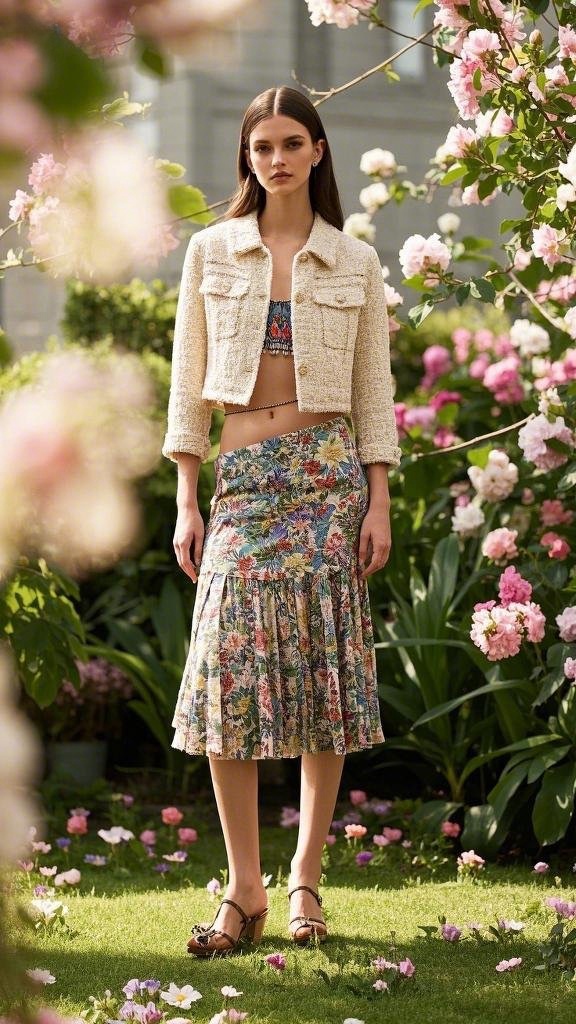 Cream - Colored Textured Cropped Jacket with Floral Skirt