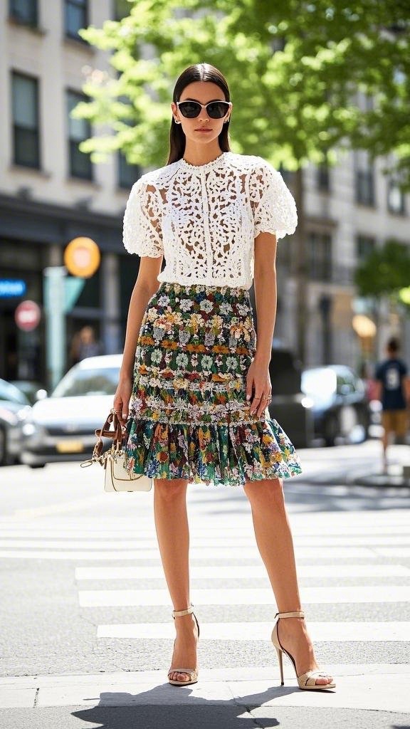 A woman wearing a white short - sleeved top with detailed lace, a colorful floral skirt, nude - colored high - heeled sandals, a white handbag, and black sunglasses in spring