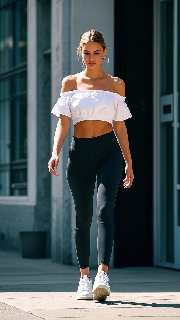 White Off - Shoulder Crop Top with Ruffled Sleeves and High
