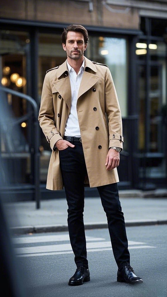 Classic Beige Double-Breasted Trench Coat over White Dress Shirt with Slim-Fit Black Jeans