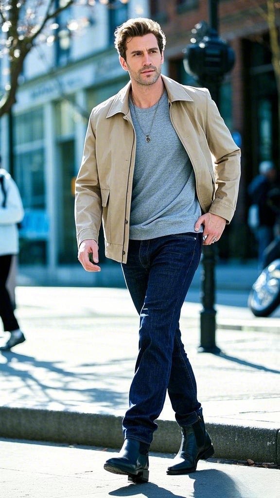Light Beige Jacket and Dark Blue Jeans with Black Ankle Boots