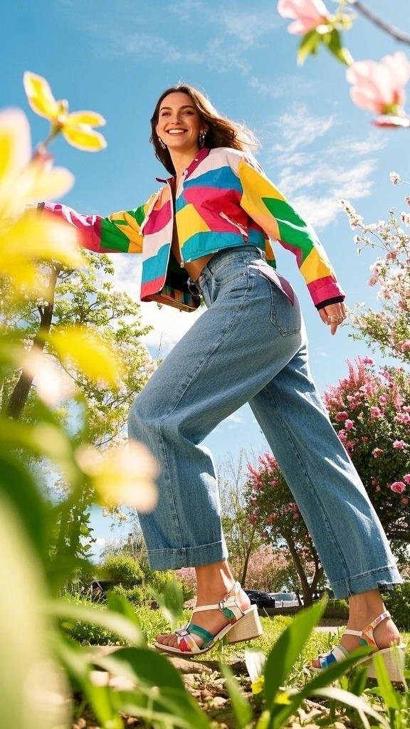 Color - Blocked Cropped Jacket with Jeans and Platform Sandals