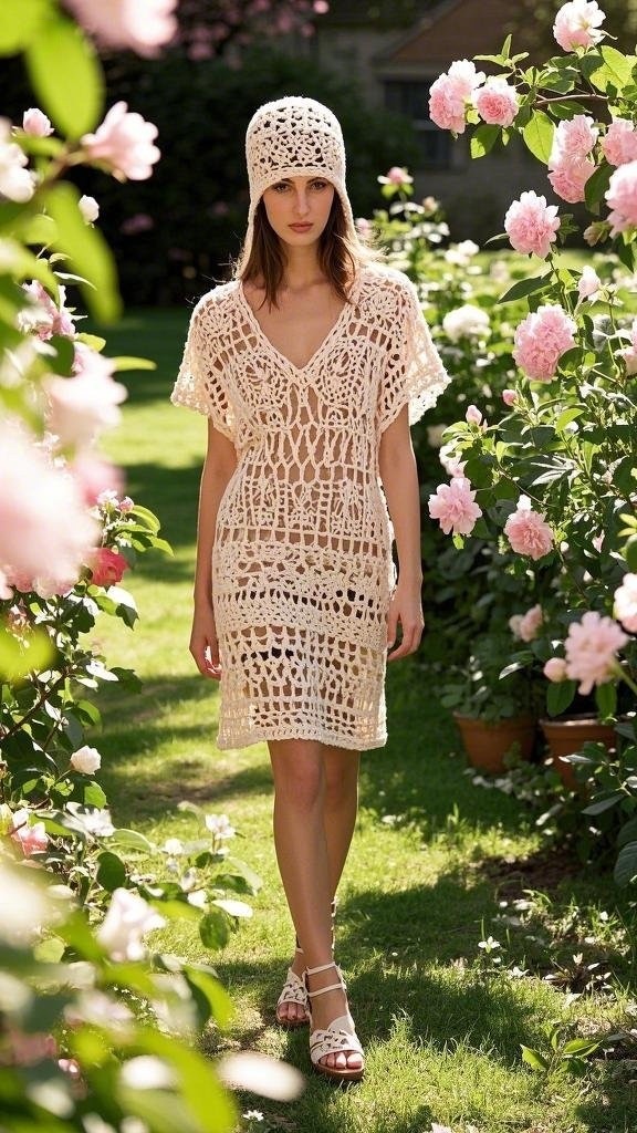 A woman wearing a light, cream - colored crocheted dress with a V - neckline, short sleeves, and a matching crocheted hood, along with white strappy sandals in spring