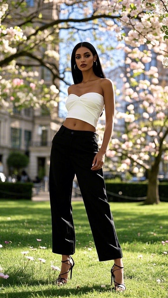 A woman wearing a white strapless crop top (similar to an off - shoulder concept) paired with high - waisted black trousers, loose - fitting cropped trousers, and black high - heeled sandals in spring