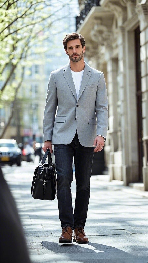 Light Grey Single-Breasted Blazer with White Crew-Neck T-Shirt and Black Jeans