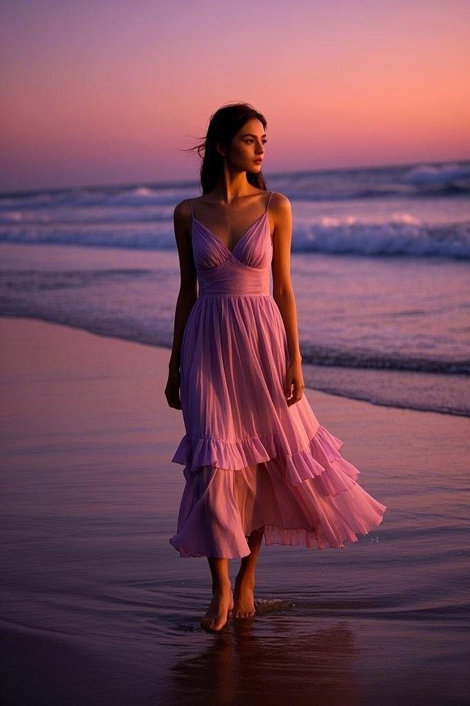 Ethereal Sunset Romance: Flowing Lavender Maxi Dress - with Delicate Ruffle Details - Perfect for a Dreamy Beachside Evening