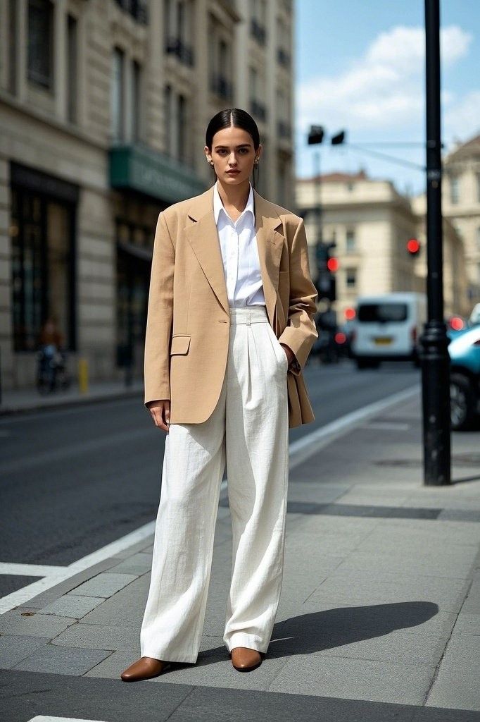 Chic City Look: A Beige Blazer - Paired with a Crisp White Shirt - and Wide-Leg White Trousers - Finished with Brown Loafers