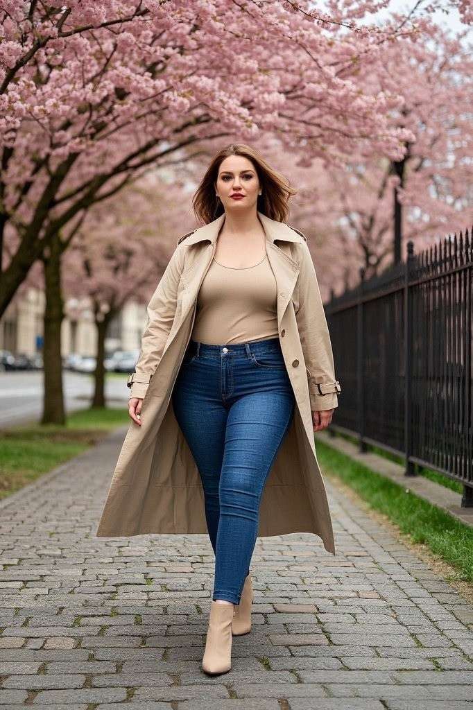 Springtime Chic: A Beige Trench Coat - Over a Fitted Nude Top - Paired with High-Waisted Blue Skinny Jeans - and Nude Ankle Boots