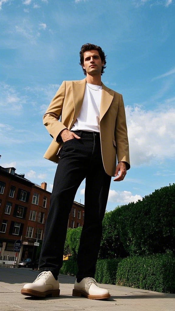Light Brown Single-Breasted Blazer with White Crew-Neck T-Shirt and Black Jeans
