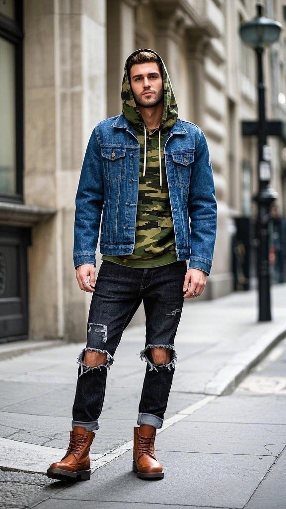 Camouflage Hoodie and Classic Blue Denim Jacket with Brown Boots