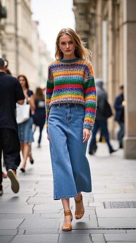 A woman wearing a colorful, striped knit sweater in a crochet - inspired style, high - waisted, wide - legged cropped jeans, and stylish strappy sandals in spring