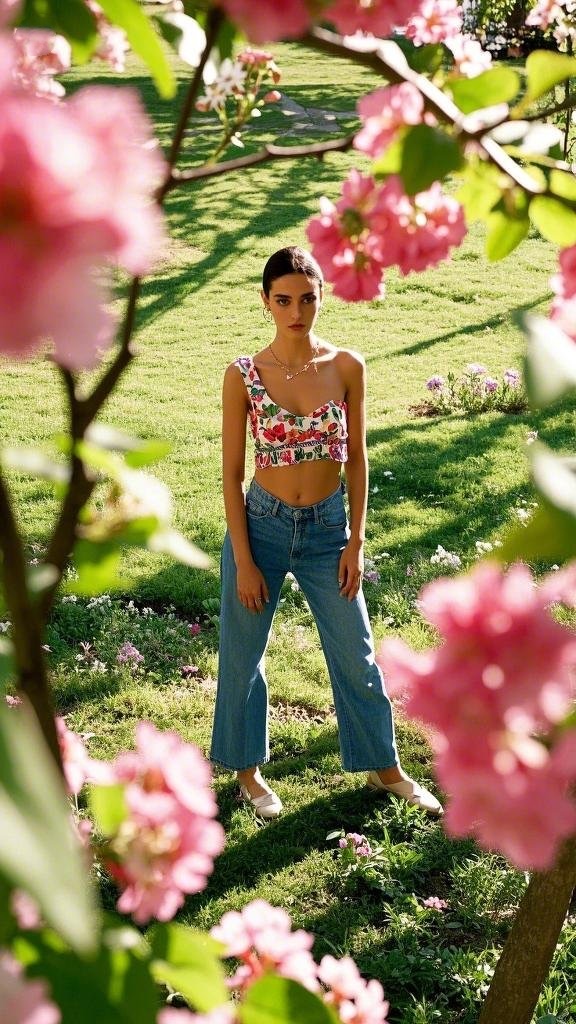 A woman wearing a sleeveless, cropped floral top with a square neckline (similar to an off - shoulder style concept), high - waisted straight - leg jeans, and white flats in spring with blooming flowers in the background