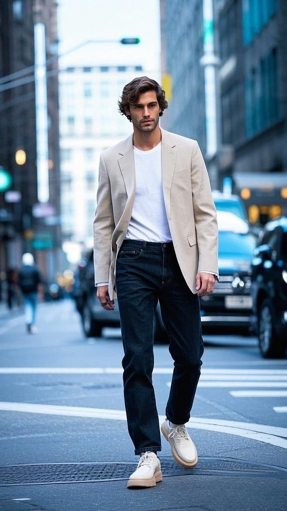 Light Beige Blazer over Simple White T-Shirt with Neatly-Cuffed Black Jeans