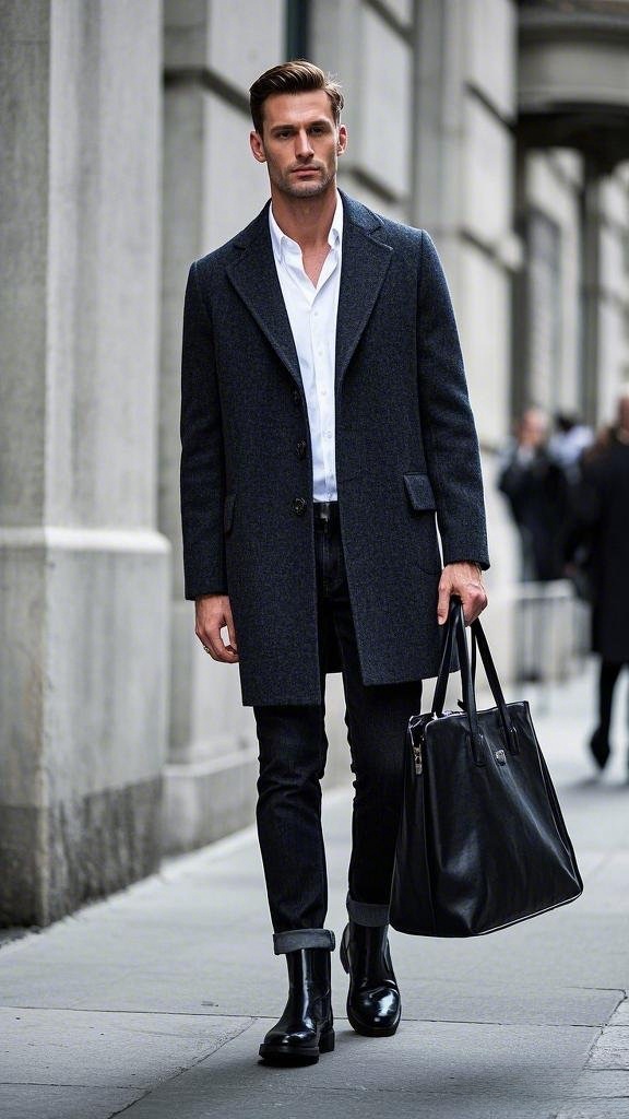 Dark Grey Wool Overcoat and Dark Denim Jeans with Black Chelsea Boots