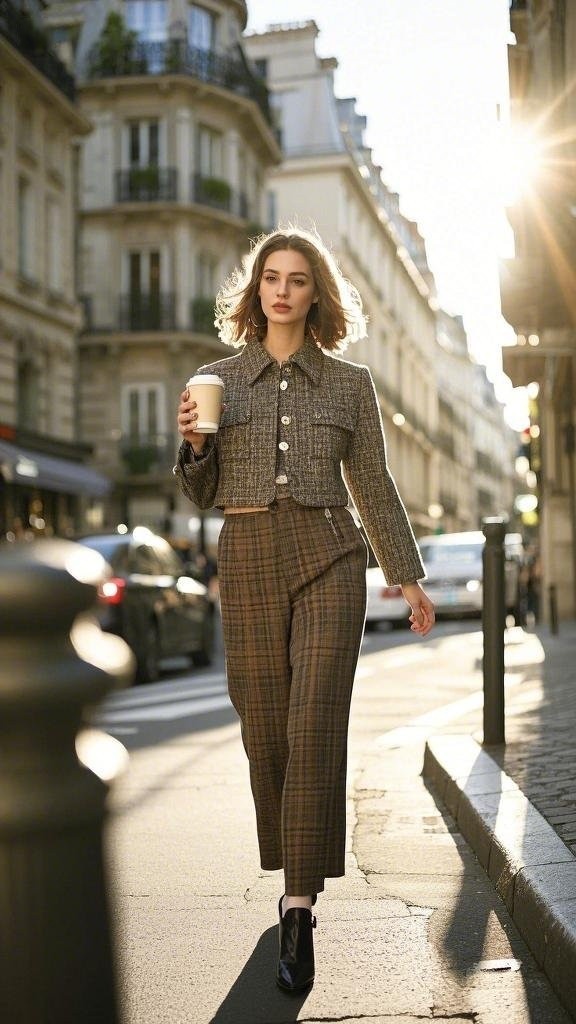 Cropped Tweed Jacket with Plaid Trousers