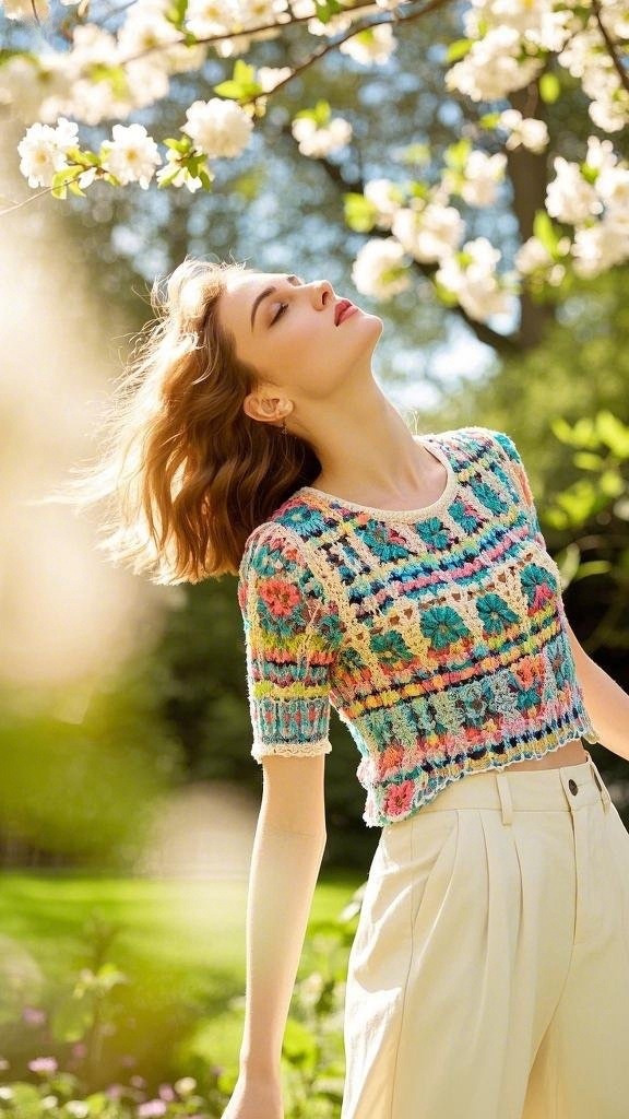 A woman wearing a vibrant, multicolored knitted top with a floral pattern and light beige high - waisted pants in spring