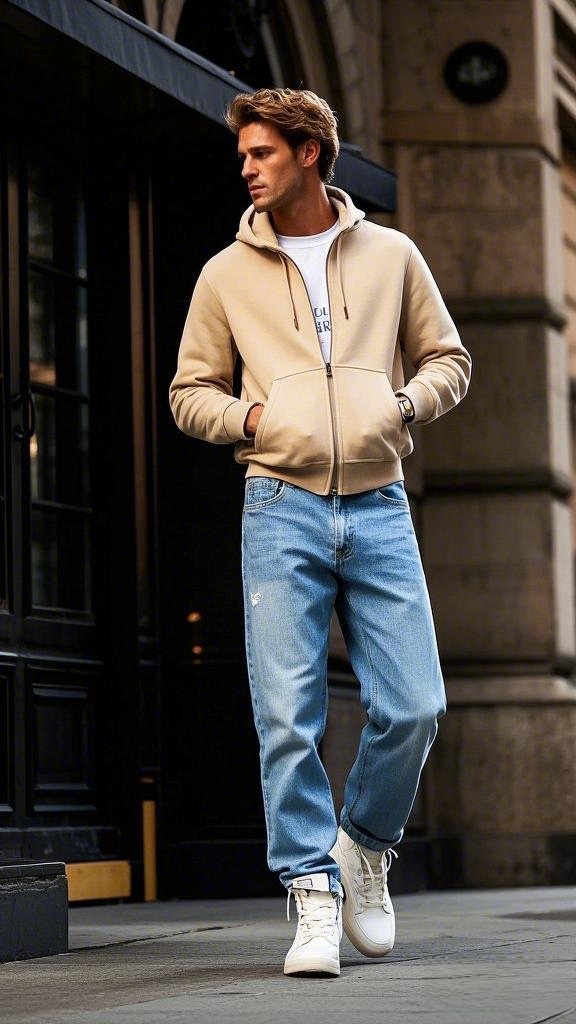 Beige Zip-Up Fleece Hoodie and Light Blue Jeans with White Sneakers