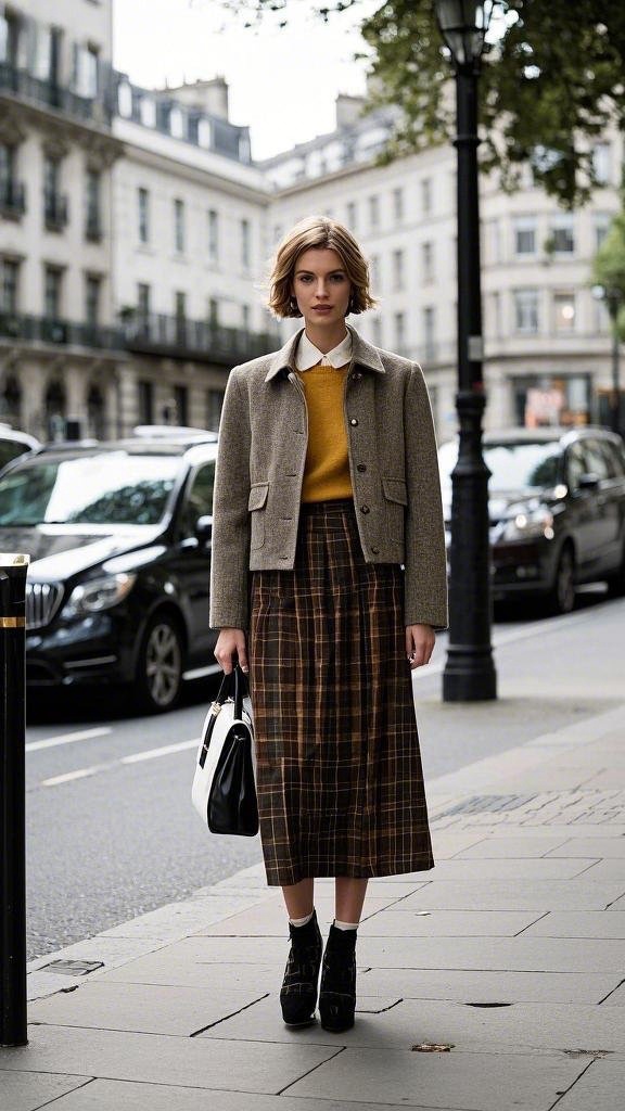 Mustard - Yellow Sweater under Gray Wool Cropped Blazer