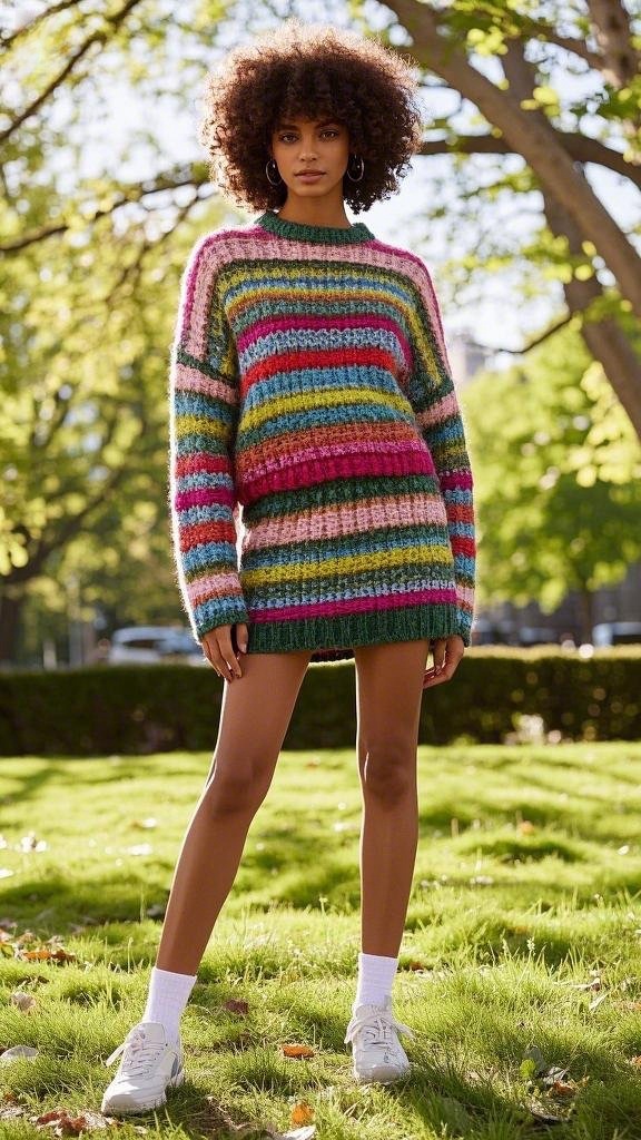 A person wearing a vibrant, oversized sweater dress with colorful horizontal stripes, white ankle socks, and sneakers in spring