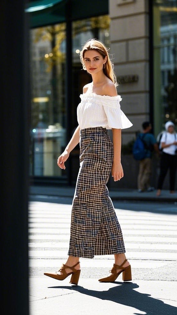 A woman wearing a white off - shoulder top with ruffled details, a high - waisted, ankle - length plaid skirt, and brown, pointed - toe heels with chunky heels in spring