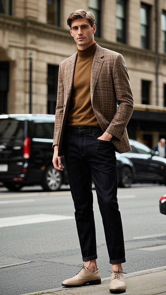 Brown Checkered Blazer over High-Neck Camel-Colored Sweater with Cuffed Black Jeans
