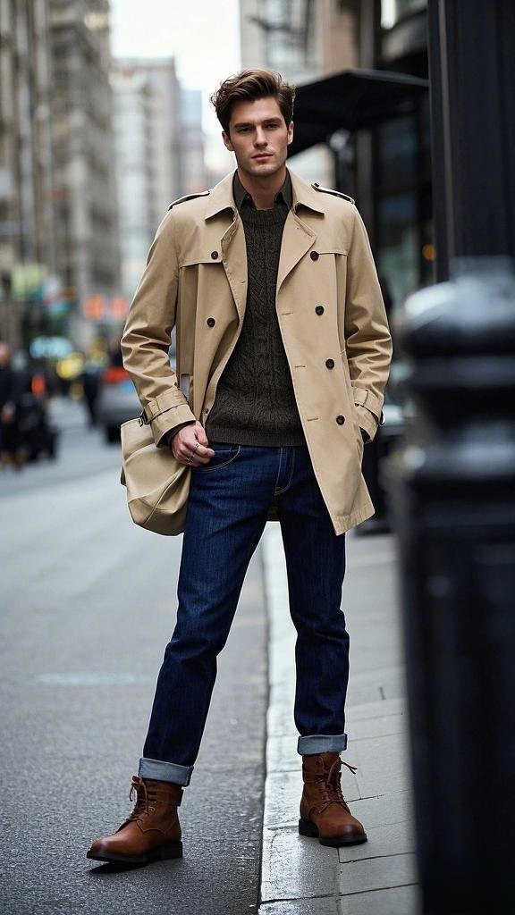 Beige Trench Coat and Dark Blue Jeans with Brown Leather Boots