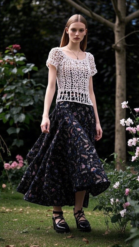 A woman wearing a white short - sleeved crocheted top with an openwork design, a long dark floral - print skirt, and black platform shoes with straps in spring
