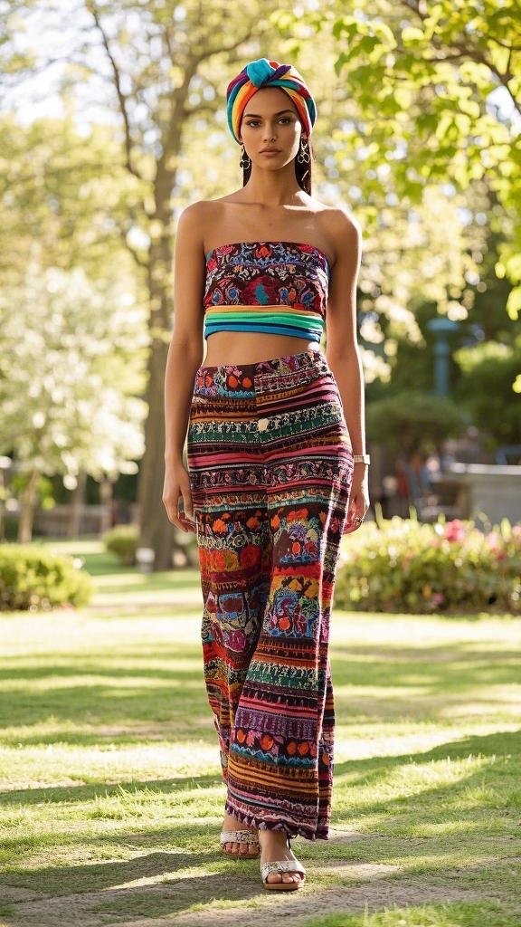 A woman wearing a colorful strapless crop top (imagined as off - shoulder), high - waisted wide - legged pants, and simple strappy sandals in spring
