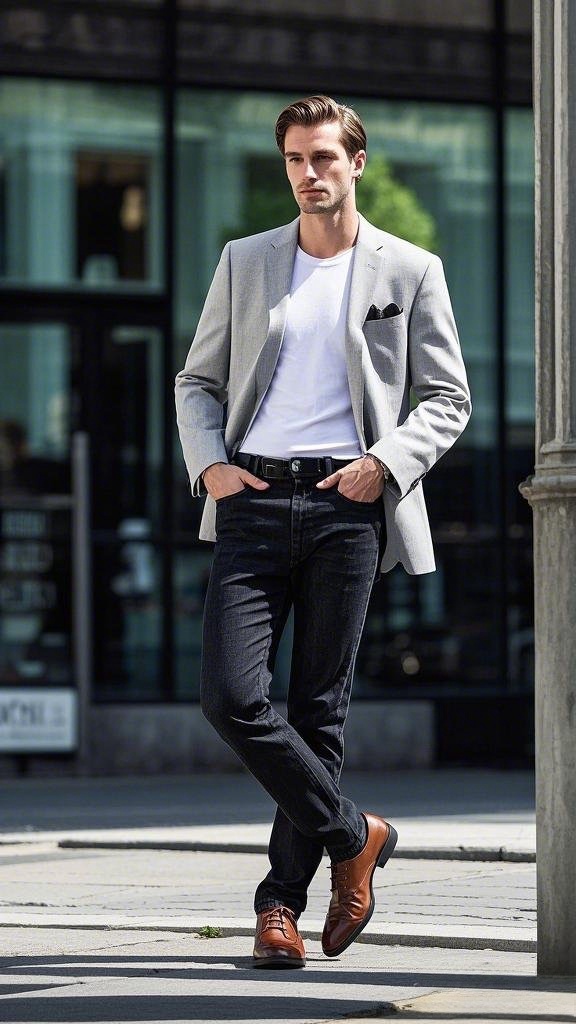 Light Grey Tailored Blazer over White Crew-Neck T-Shirt with Black Jeans