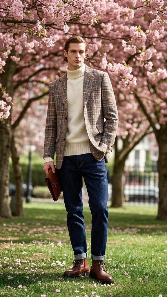Light Brown Checkered Blazer and Dark Blue Jeans with Brown Leather Boots