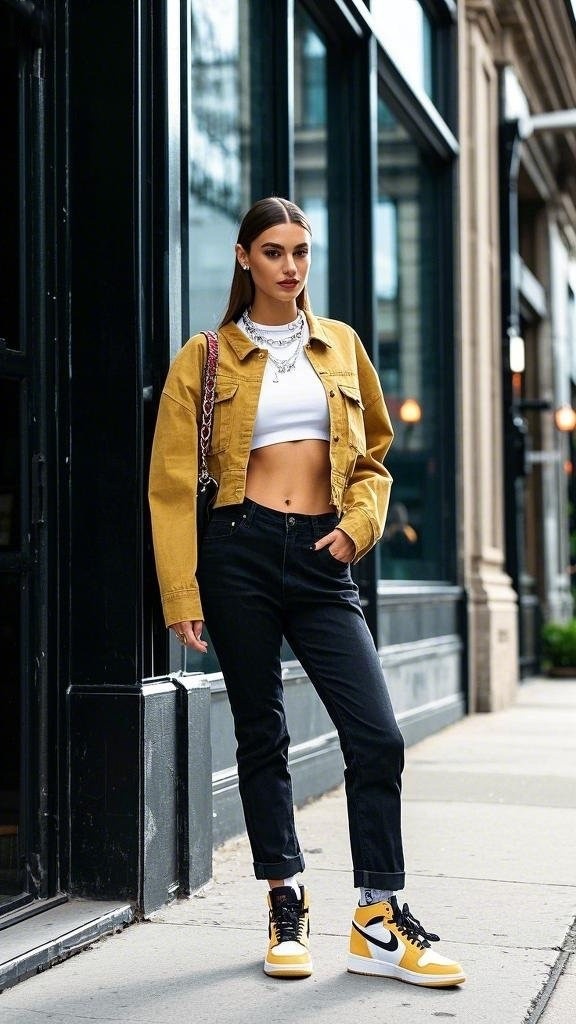 Mustard - Yellow Cropped Denim Jacket with Black Jeans