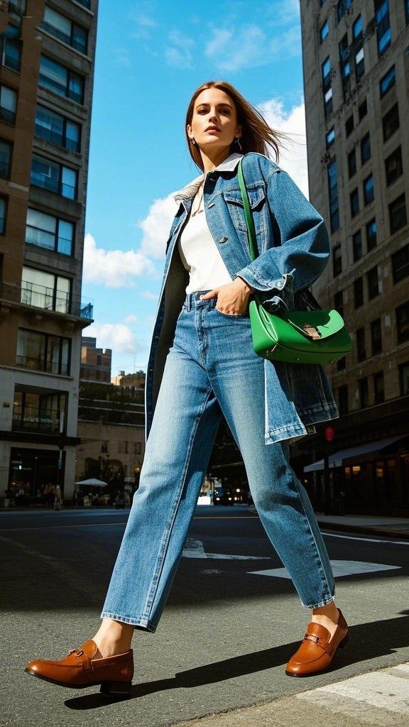 A woman in a classic denim jacket, high - waisted straight - leg jeans, a simple white top, a bright green shoulder bag, and brown loafers with metallic details for an urban ensemble in spring