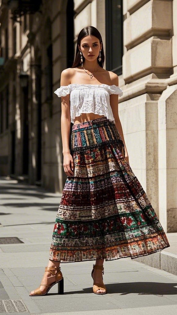 A woman wearing a white off - the - shoulder crop top with lace detailing, a high - waisted, colorful patchwork maxi skirt, strappy tan high - heels, large statement earrings, and a delicate necklace in spring
