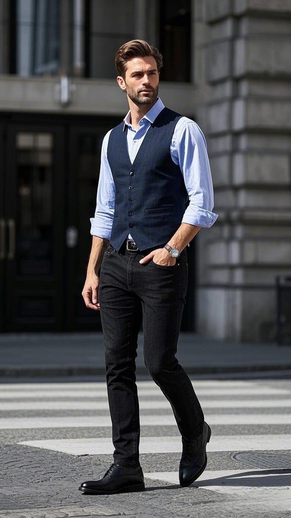 Rolled-Up Light Blue Dress Shirt with Patterned Dark Blue Waistcoat and Black Jeans