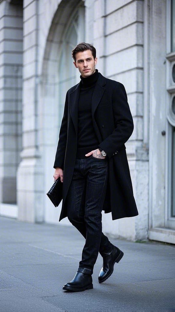 Black Turtleneck Sweater and Dark Denim Jeans with Black Chelsea Boots