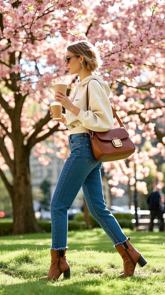 Cream - Colored Hoodie as Cropped Piece with Blue Jeans