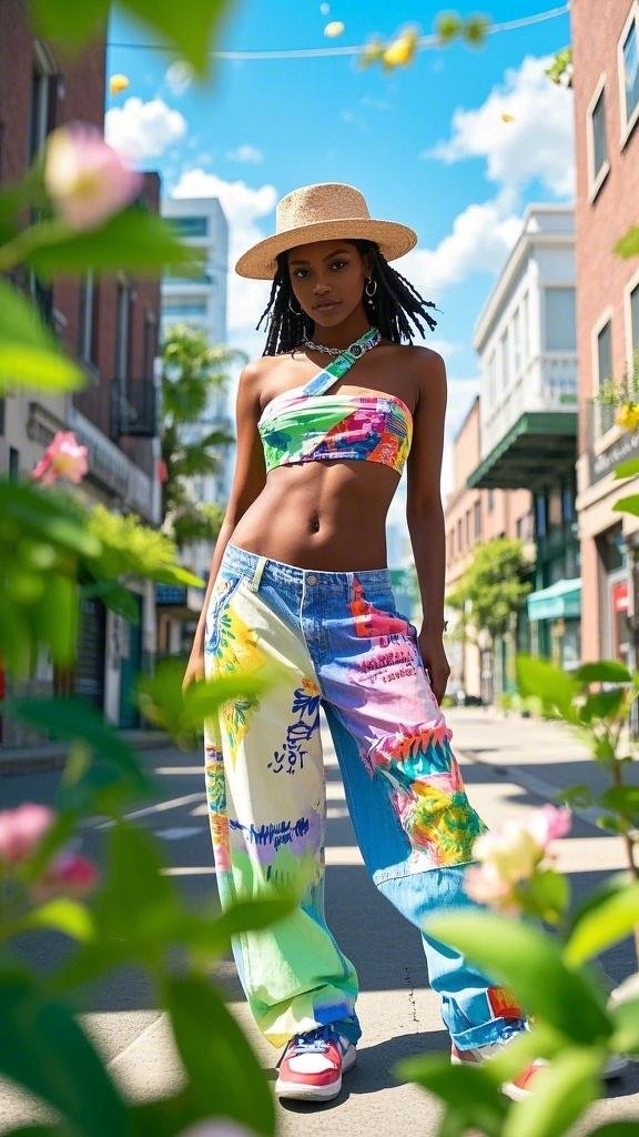 A woman wearing a colorful strapless crop top (envisioned as off - shoulder), high - waisted, baggy jeans with pastel and graffiti patterns, a straw hat, and red sneakers in spring