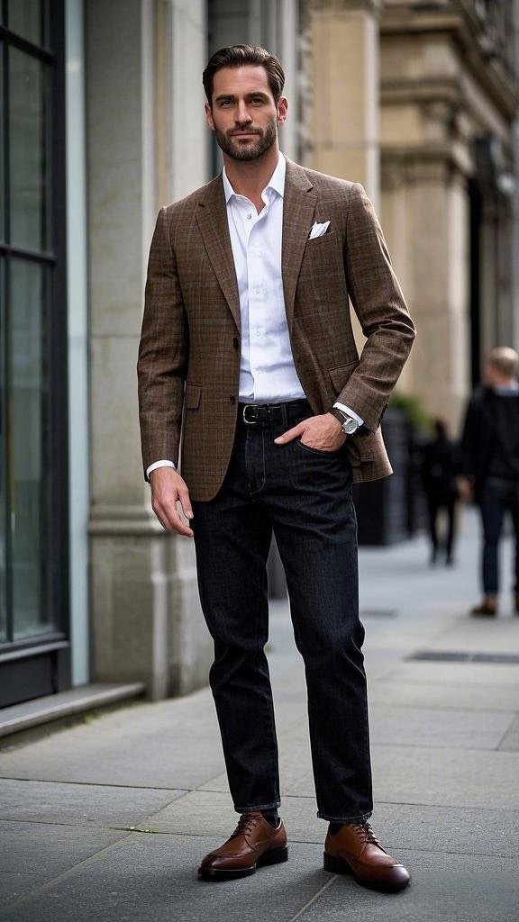 Brown Checkered Blazer over White Dress Shirt with Black Jeans