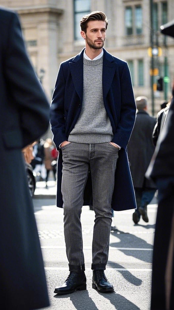 Navy Blue Knee-Length Overcoat and Slim-Fit Grey Jeans with Black Leather Lace-Up Boots