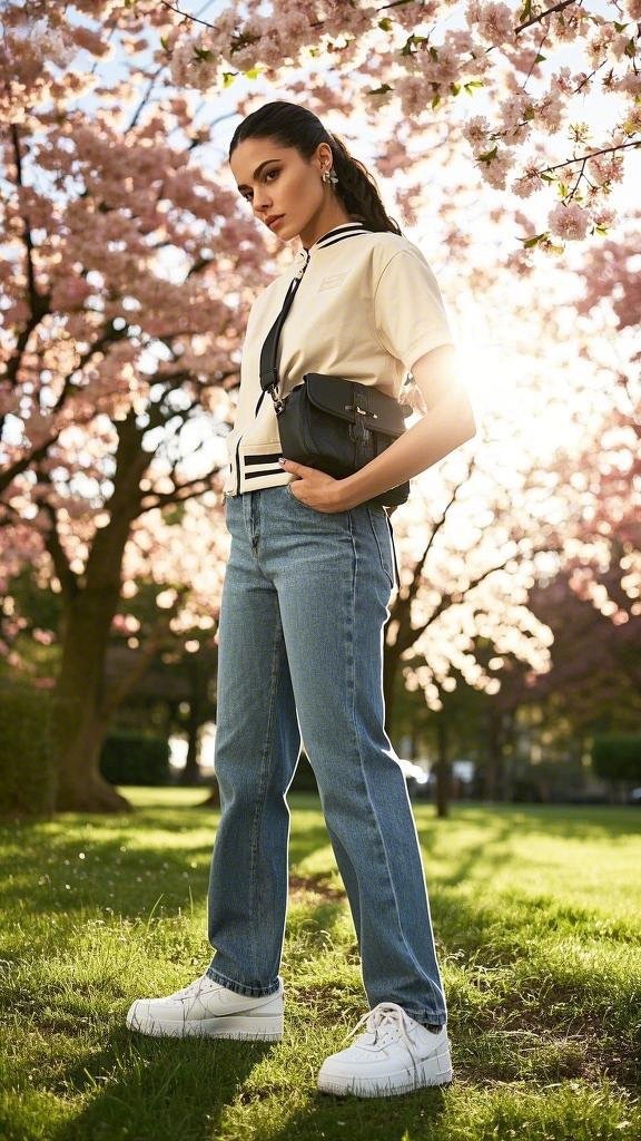 Striped Short - Sleeved Cropped Jacket with Denim Jeans