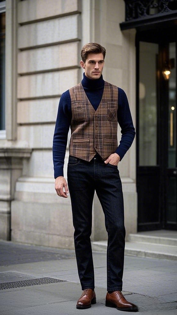 Brown Checkered Waistcoat over Navy Blue Turtleneck with Slim-Fit Black Jeans