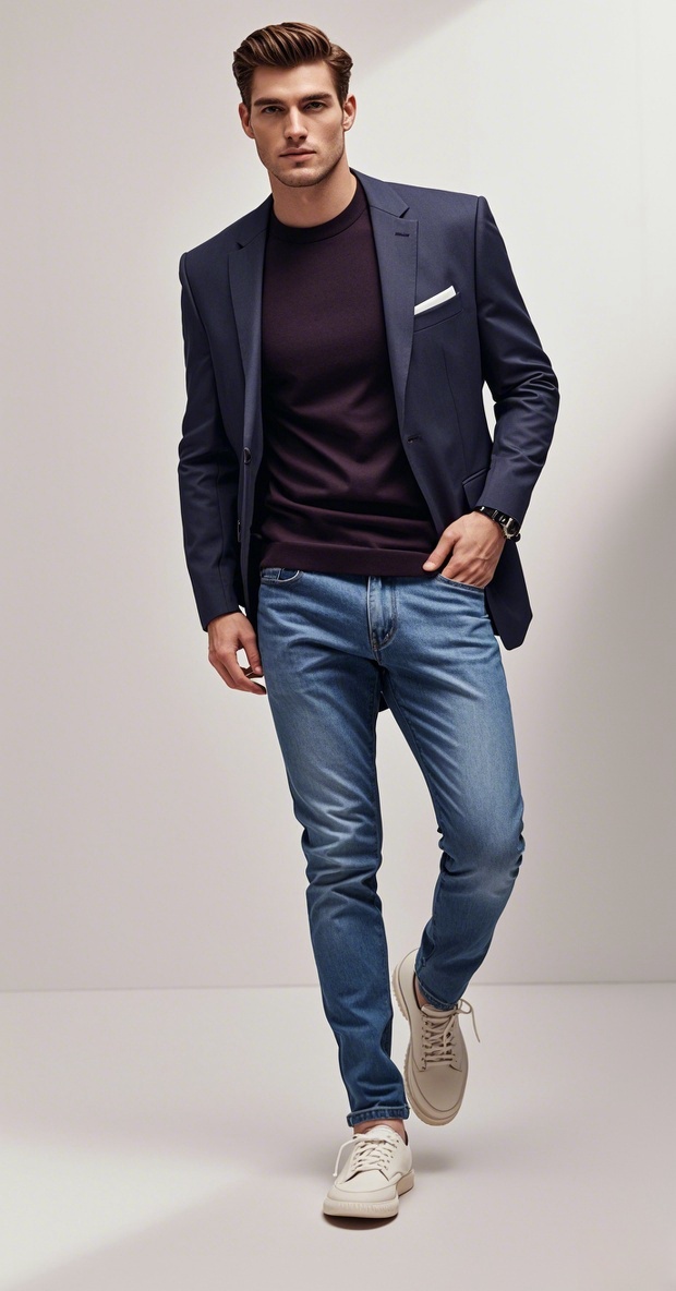 Man in navy blue blazer with light blue cuffed jeans