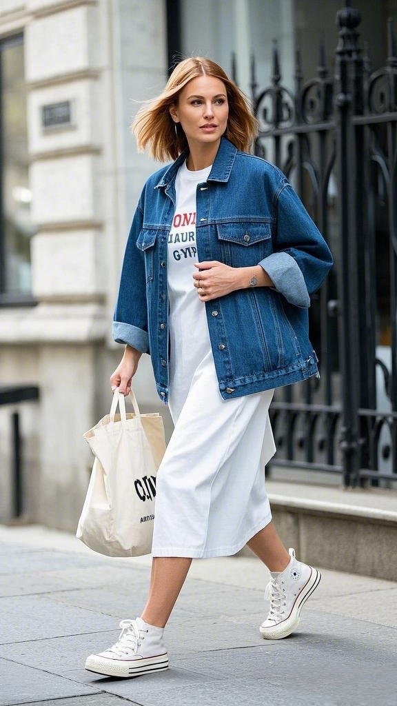 A woman wearing a denim and culottes outfit paired with white high - top sneakers and a beige tote bag