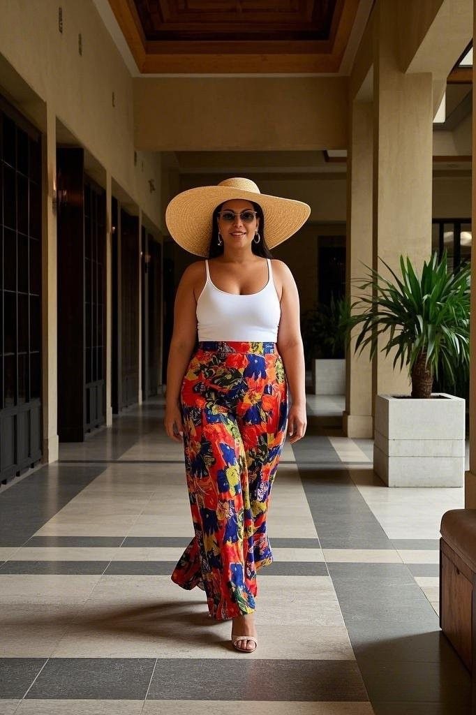 Bold and Breezy Retreat: White Tank Top - with Vibrant Floral Wide-Leg Pants - Paired with an Oversized Sunhat - and Nude Heels