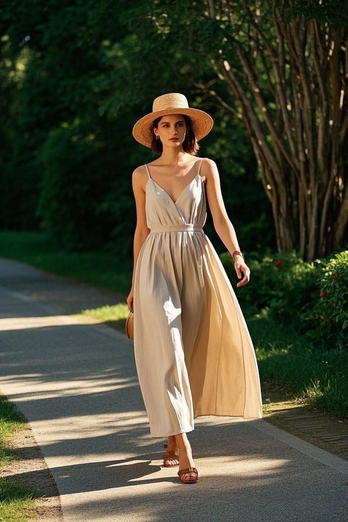 Effortless Summer Grace: A Flowy Beige Maxi Dress - with Thin Straps - Accessorized with a Straw Hat - and Flat Sandals
