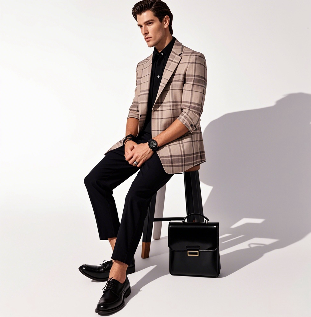 Man in a light brown checkered blazer with dark trousers