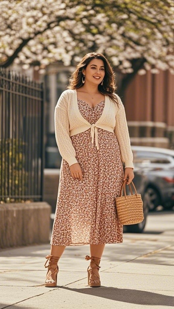 A plus-size woman wearing a midi floral dress with a cardigan in spring