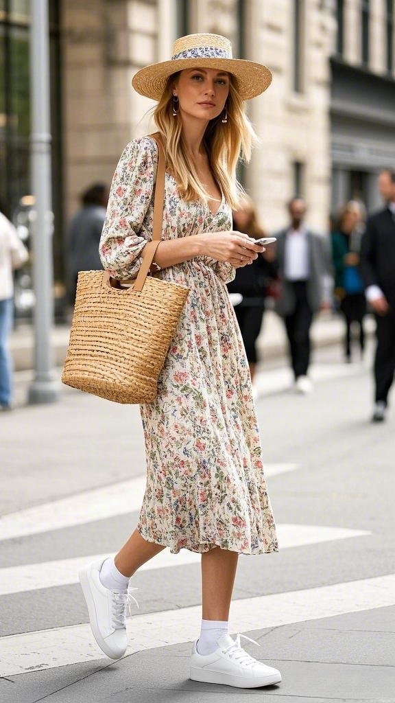 A woman wearing a floral midi - style dress paired with white sneakers and white socks in a summery setting